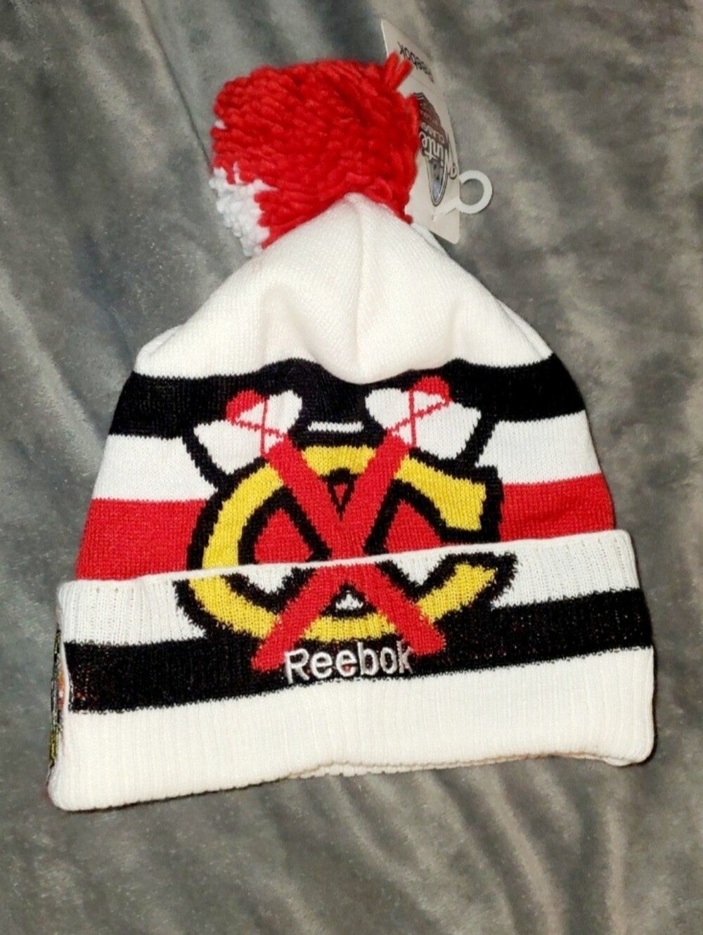 Reebok Blackhawks Winter Classoc Red & White Striped Pom Beanie